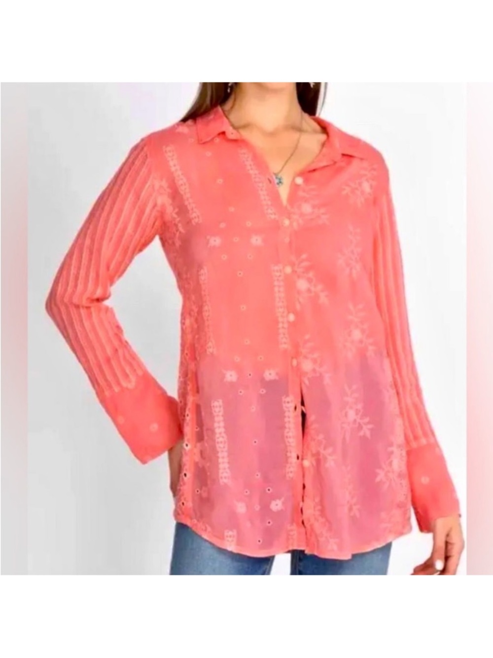 A26 Johnny Was Embroidered Eyelet Shirt Tunic in Coral Sunset